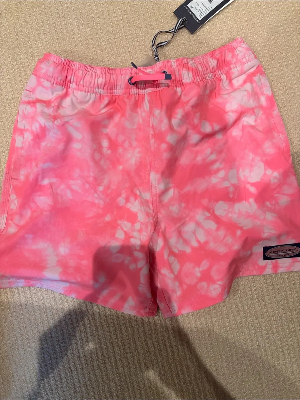 Vineyard Vines Coral Pink Tie-Dye boys swim trunks